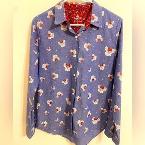 DISNEY Parks Chambray Minnie Mouse Button Front Shirt Red White Roses Size M